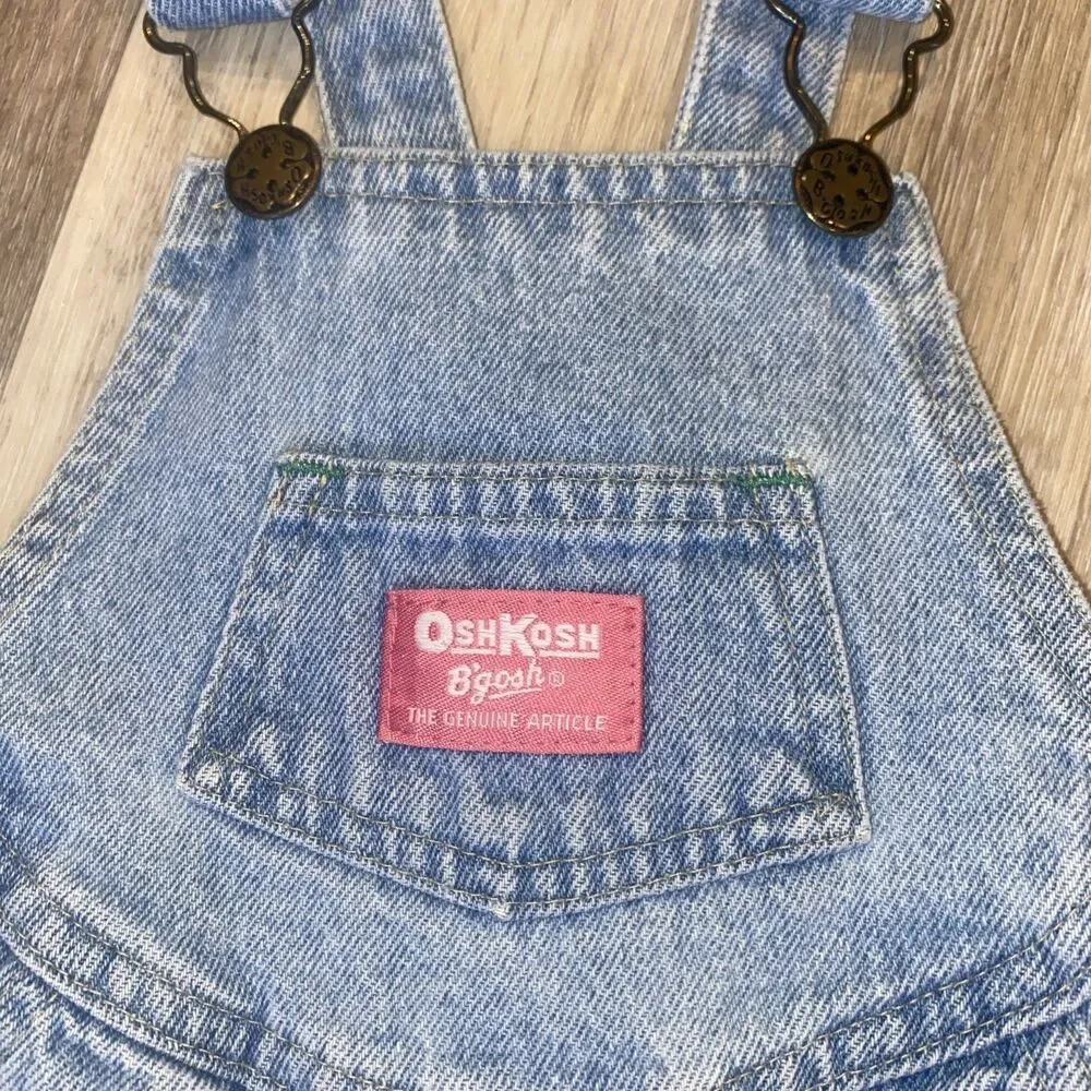 VTG OshKosh B’gosh Overalls 4T Pink Patch Snap Leg Blue Denim Bib Pants Toddler